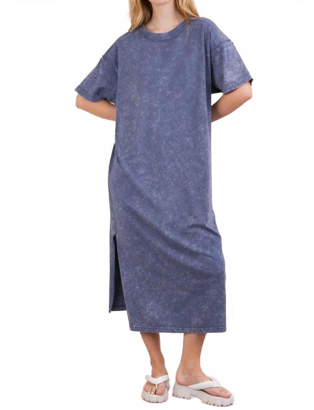 NEW VERY J women's mineral washed casual comfy midi dress in blue